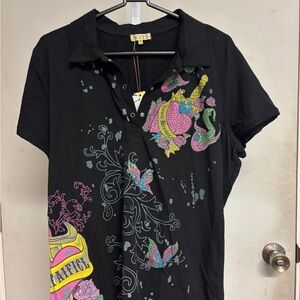 NWT Black Polo with Colorful Graphic Juniors 2x